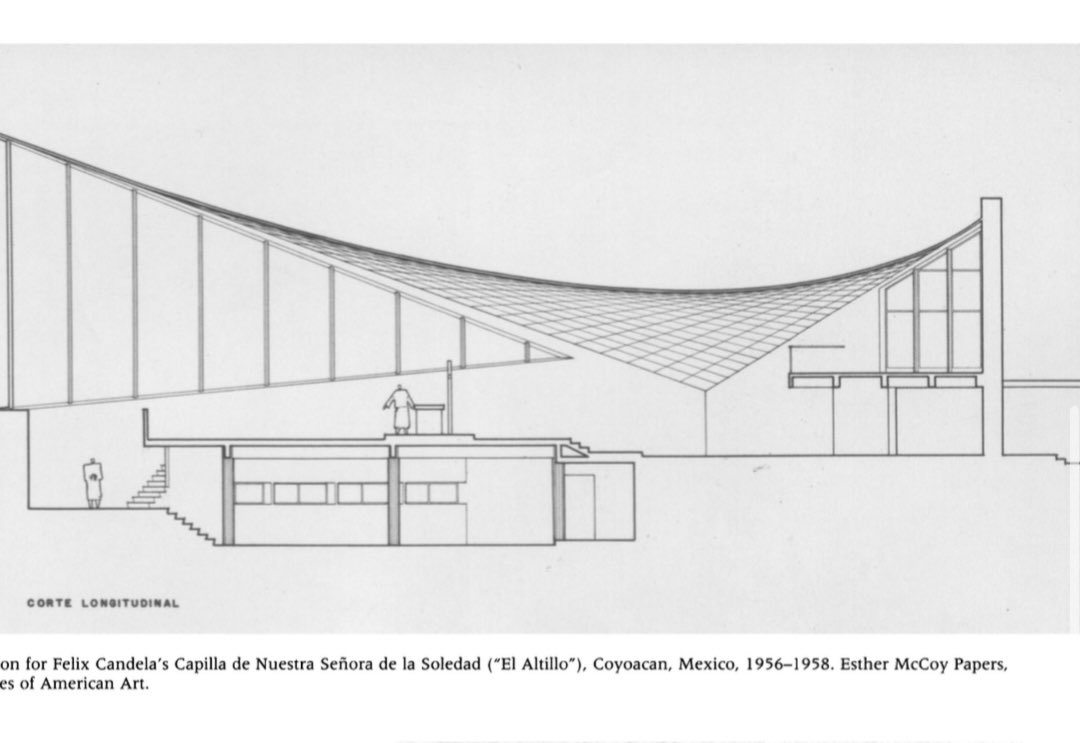 architext14's tweet image. Candela: ‘In order to do architecture one must first understand physics’ The shell at Altillo is a hyperbolic paraboloid of rhomboidal plan supported on two points at its lower corners and springs out in cantilever.