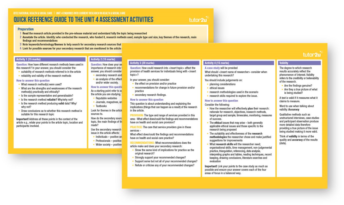 tutor2uHSC's tweet photo. Quick Ref Guide to the External Assessment
**Free BTEC National Unit 4 Student Handout**
Summarises the 4 assessment activities, has prompts to to support answering each question, gives key info on reliability &amp; validity #btechsc #btecexams #hsc 
https://t.co/aVu50D1eIv https://t.co/TO9cbcFklD