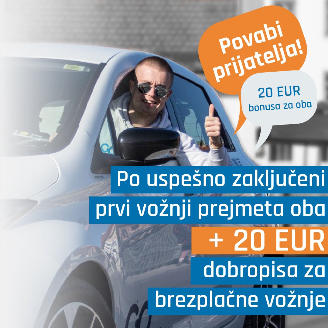 Do 31.1. smo zvišali ugodnost, ki jo prejmeš, če našo storitev priporočiš prijatelju.

Prijatelj ob registraciji vnese tvojo priporočilno kodo, svojo prvo vožnjo z Avant2Go vozilom pa naj opravi do vključno 31.1.

Mi nato 20 evrov podarimo tebi, 20 evrov pa tvojemu prijatelju.