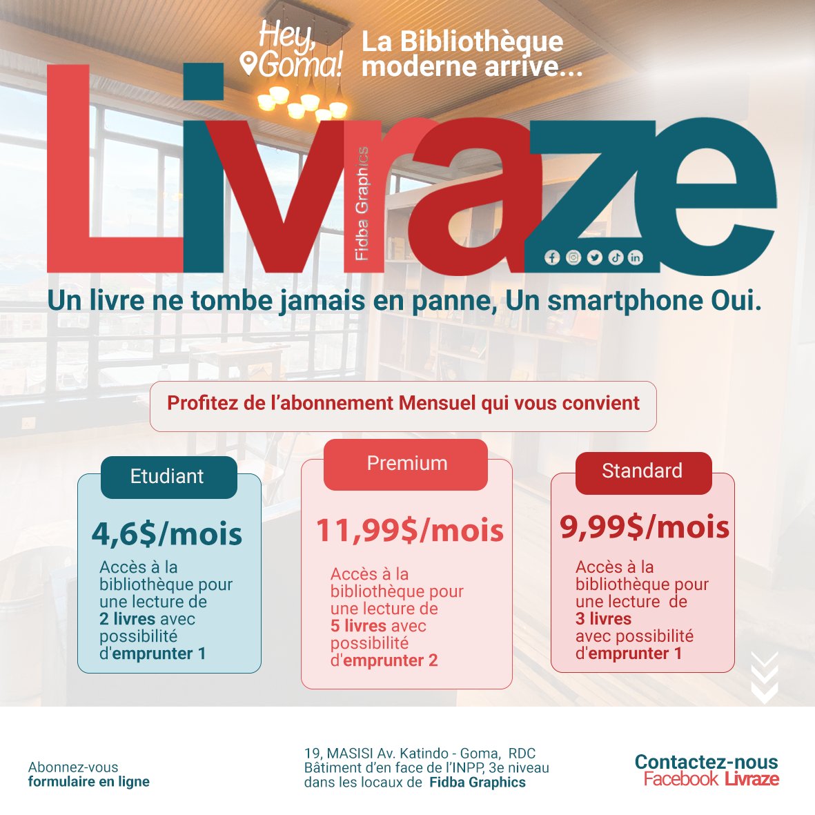 livrazee's tweet photo. Développer la pensée créative c'est aussi lire de temps en temps!📖
Avec la Bibliothèque LIVRAZE, profitez d'une lecture adaptée à votre budget à partir de 4,6$.
Il suffit d'un clic sur ce lien
https://t.co/ydcEWkjAel
#Livraze #FidbaGraphics #Bibliothèquemoderne #bibliothèquegoma https://t.co/GbgRKVsyfy