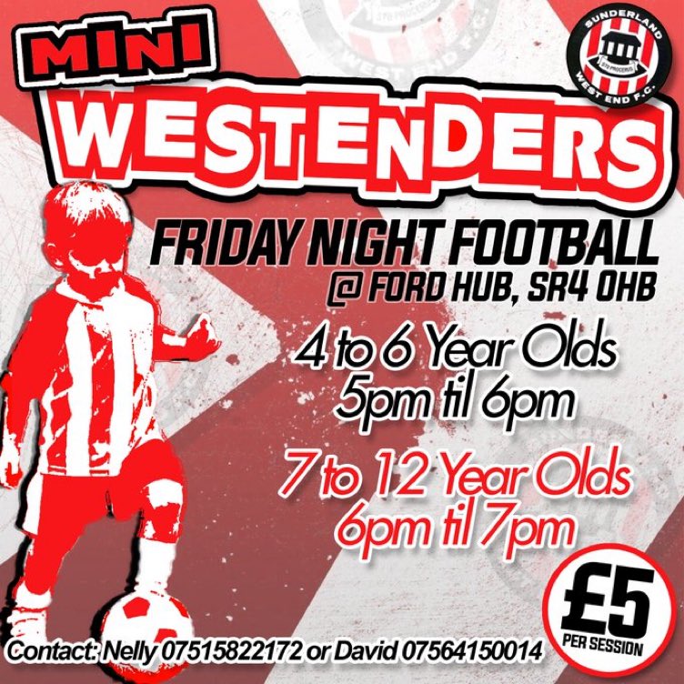 ### MINI WESTENDERS ### We are back on Friday Nights everyone is welcome to attend, come on down and be the future of Sunderland West End #westisbest 🔴⚪️⚫️🔴⚪️⚫️⚽️⚽️