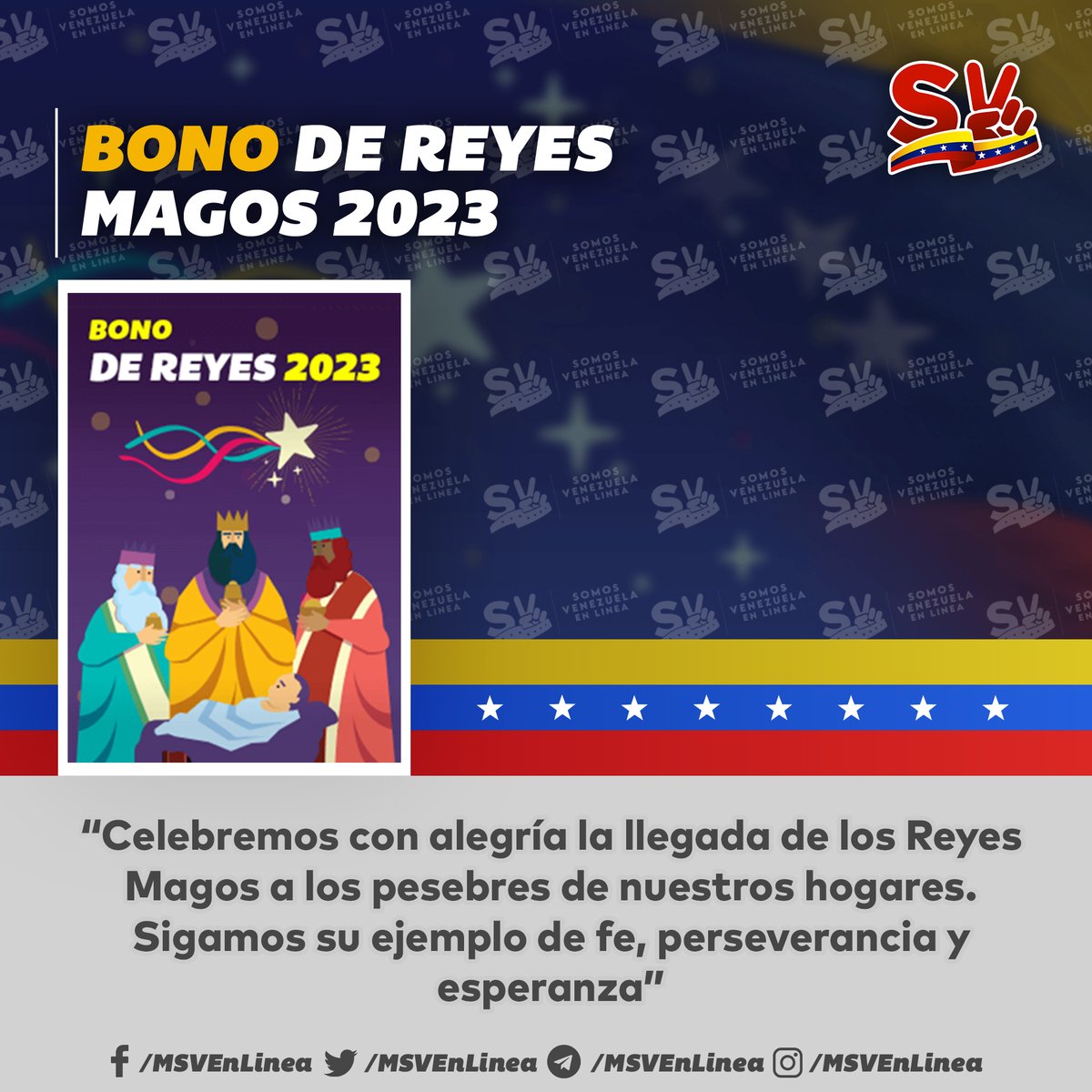 MSVEnLinea's tweet photo. 🚨 #ÚLTIMAHORA || Continua la entrega del Bono de Reyes 2023 enviado por nuestro Pdte. @NicolasMaduro a través del Sistema @CarnetDLaPatria. 
 
✅ La entrega tendrá lugar hasta el #14Ene de 2023. 
 
@veQRSocial #TuiteroPatria #12Ene #MensajeAnual2023 https://t.co/kLTHvJg1n3