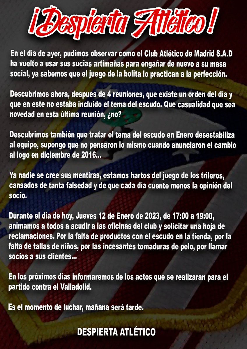 Os esperamos a todos esta tarde de 17:00 a 19:00. Es el momento de luchar, mañana será tarde. ¡Despierta Atlético!