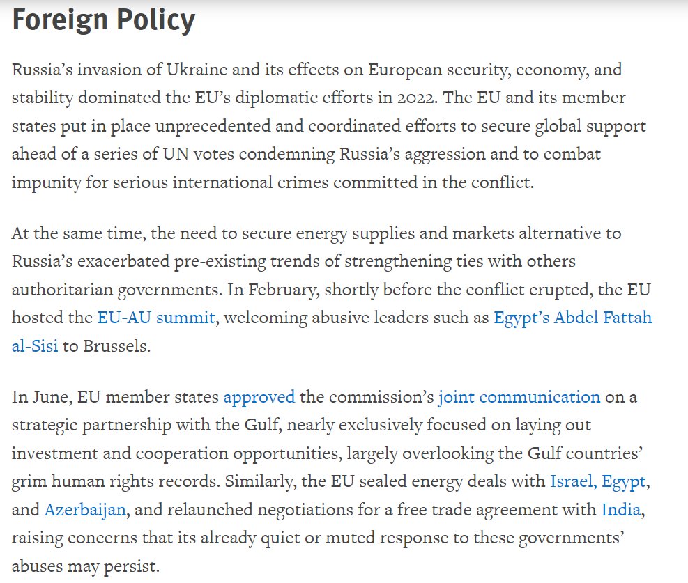 How did #EU foreign policy on #HumanRights look like in 2022? Mixed picture: strong and principled action on some countries/issues of concern, weak or none at all on others. Check the dedicated chapter in @hrw's new World Report #Rights2023: hrw.org/world-report/2…