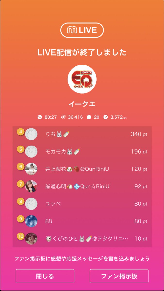 esports_quest's tweet photo. 【本日の貢献者ランキング👑】
本日も配信をご覧いただきありがとうございました！
今回番組宛にアイテム等を下さった方をご紹介させていただきます！

いつも番組へのご協力ありがとうございます！
次回は1/26(木) 19:00〜を予定しております。
お楽しみに！

#イークエ #ミクチャ #APEX https://t.co/St15uRYtRh