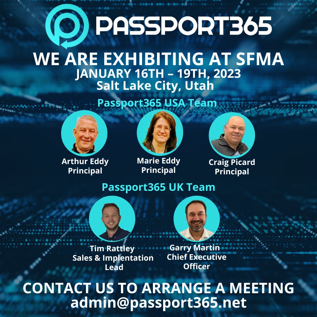 Our UK &amp; USA teams will be exhibiting at the Sports &amp; Field Management Association (SFMA) conference at Salt Palace Convention Center in Salt Lake City, Utah. If you're visiting for the show, why not arrange a meeting with us. <a href="/Passport365USA/">Passport365 USA</a> <a href="/fieldexperts/">SFMA</a>