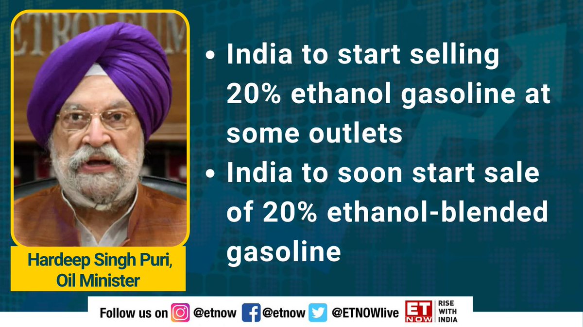 ETNOWlive's tweet photo. #NewsAlert | "India to start selling 20% ethanol gasoline at some outlets," says Oil Minister Hardeep Singh Puri 

#Ethenol #Fuel #Oil @HardeepSPuri @PetroleumMin https://t.co/jzaGxZsQF6