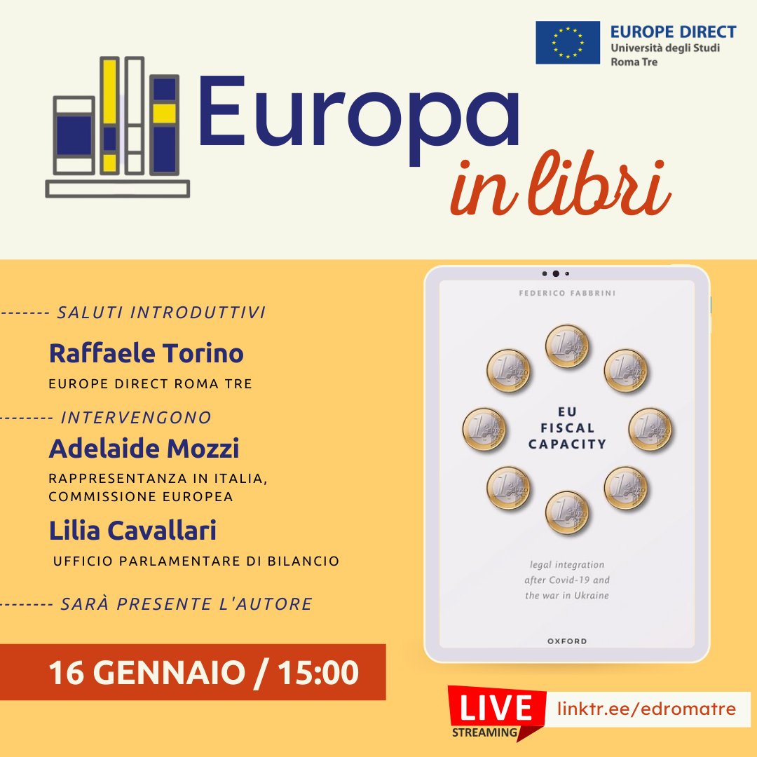 🇪🇺📚 Lilia Cavallari, presidente dell'#UPB, parteciperà al convegno #Europainlibri, organizzato da @edicromatre per parlare del volume 'Eu Fiscal Capacity', di Federico Fabbrini. 
🗓️ Appuntamento lunedì #16gennaio alle 15. 
🖥️ Diretta #streaming su buff.ly/3HEKGDb.