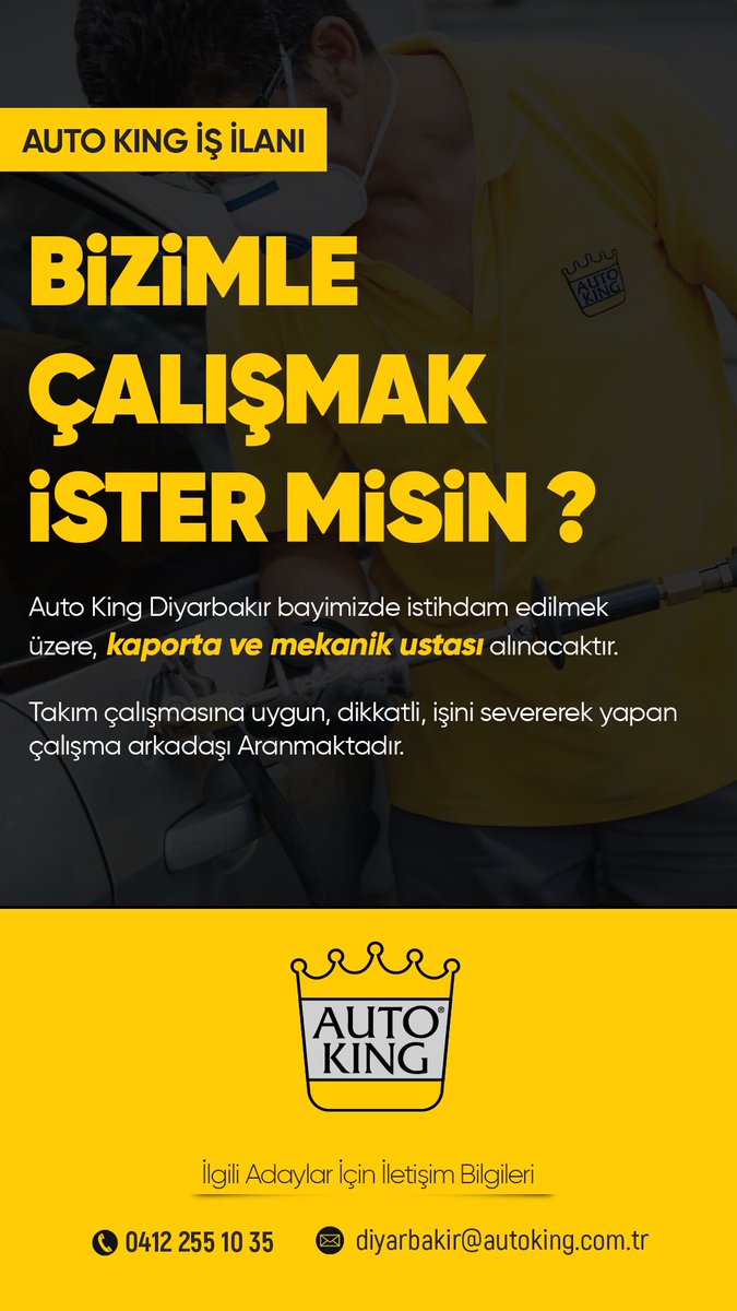 autokingdyb's tweet photo. Bizimle Çalışmak İster Misin 📣

Auto King Diyarbakır bayimizde istihdam edilmek üzere, kaporta ve mekanik ustası alınacaktır.

Takım çalışmasına uygun, dikkatli, işini severerek yapan çalışma arkadaşı Aranmaktadır.

#autokingdiyarbakır https://t.co/zzfwoNTITt