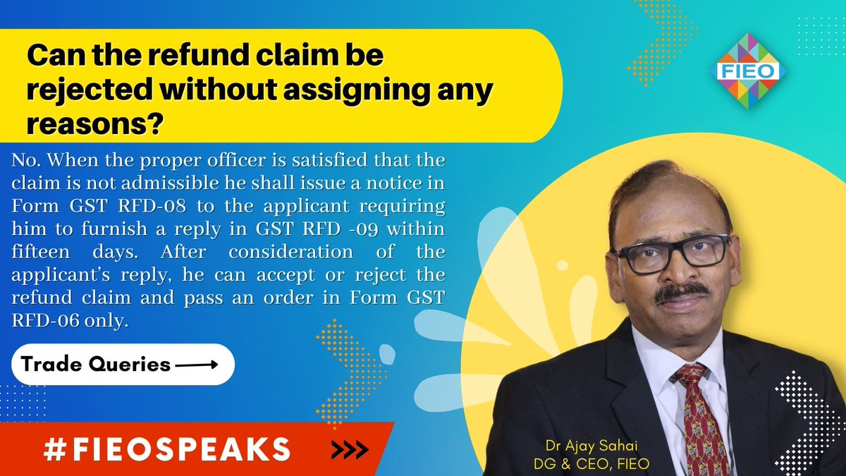 FieoHq's tweet photo. #TradeQueries

Can the refund claim be rejected without assigning any reasons?

#FIEOSpeaks #Exports #Imports #ecommerce #Trade #shipping #GST #IGST #Customs #ewaybill  #SEZ #DESH #RoDTEP #RoSCTL #RFD #refund #claim #Form https://t.co/myVDH9OXQS