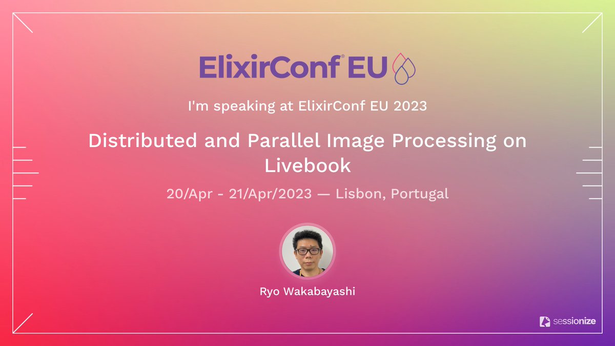 ElixirConf EU で Livebook 上での画像処理について発表してきます！
I will be talking about Image Processing on Livebook at @ElixirConfEU ! 

elixirconf.eu/participants/r…

#ElixirConf