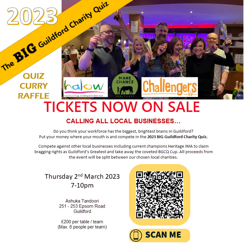 SaffronInterior's tweet photo. ATTENTION ALL #GUILDFORD BUSINESSES!
Tickets for the BIG Guildford Charity Quiz Night 203 are now on sale. Don't miss out, get yours today.
Ticket includes quiz entry and Indian Buffet for a team of 6.
All proceeds go to @D_Challengers @halowproject and @manechance https://t.co/OBh4Mdj6ve