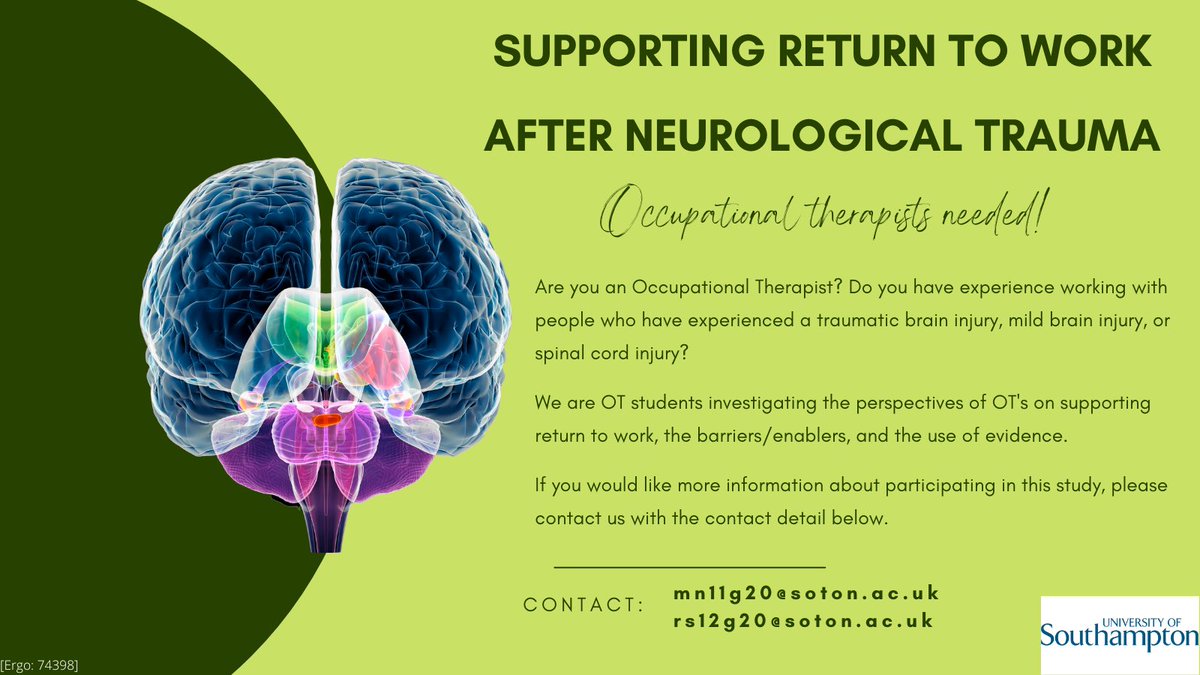 Thanks to those who have already participated.
Final Push!😊
We are still looking for more #OTs to explore their perspective on return to work pathways following neurological trauma. If you are interested, please do not hesitate to contact the research team by the 29th Jan