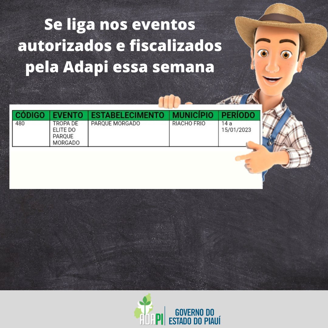 adapi_pi's tweet image. Quer realizar um evento agropecuário?

Procure a Adapi, legalize sua festa e contribua para uma agropecuária forte e livre de pragas.

#adapi