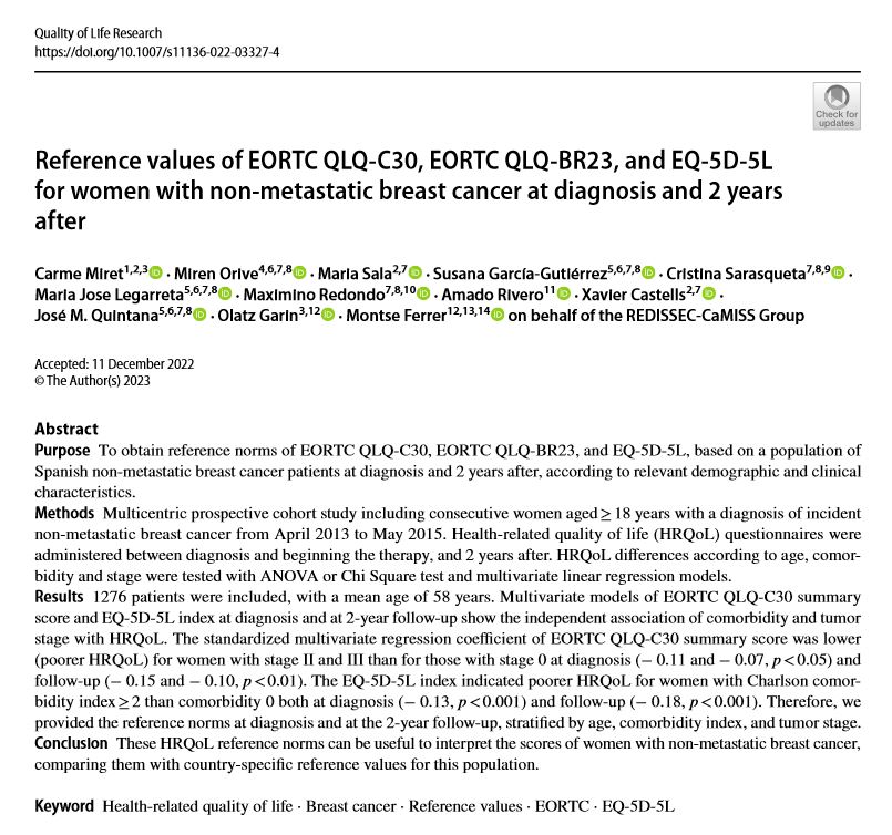 New paper! #ReferenceValues of #EORTC QLQ‑C30, EORTC QLQ‑BR23, & #EQ5D5L for women with non‑metastatic #BreastCancer at diagnosis and 2 years after #ReferenceNorms help assess disease #impact & monitor #evolution #TalentIMIM @IMIM_research @hospitaldelmar rdcu.be/c3fDv