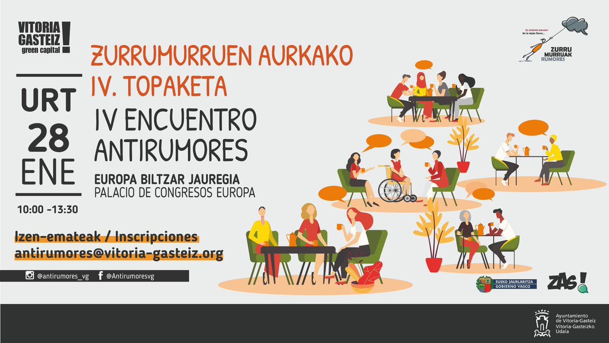 vitoriagasteiz's tweet photo. 📢 Zurrumurruen aurkako IV. Topaketa 
📢 IV Encuentro antiRumores

📍 Europa Jauregia / Palacio Europa
✍️ Izen ematea / Inscripción ➡️ antirumores@vitoria-gasteiz.org
🚸Haurrak zaintzeko zerbitzua / Servicio de cuidado de menores
➕https://t.co/sfTbhqxnvs

@Zas_Antirumor https://t.co/MZmOl3qV7i