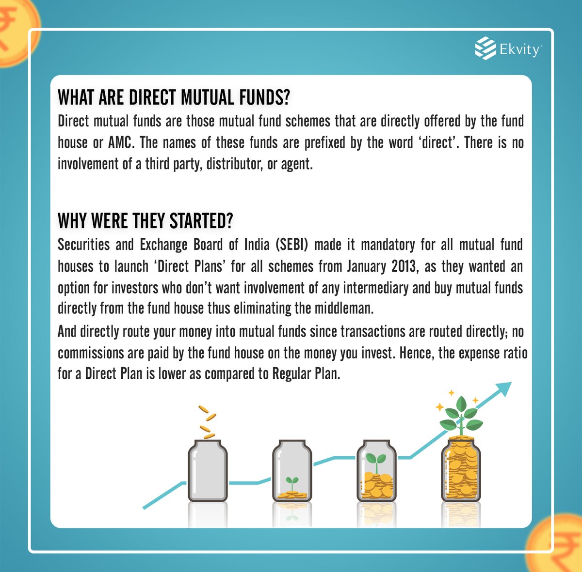 ekvity's tweet photo. Direct mutual funds have completed 10 years in India this month. The reform of introducing a direct mechanism of low-cost investing is known to be one of the most important changes that happened in the Indian mutual fund industry since its inception.
#ekvity #directmutualfunds https://t.co/kKZ3Lscedr