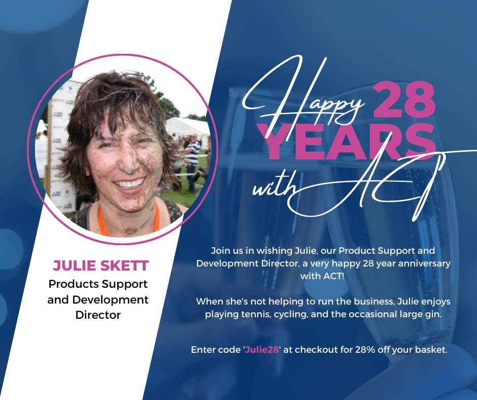 🌟Happy 28 Year anniversary, Julie!🌟
To celebrate Julie's 28th year as Products Development and Support Director here at ACT Associates, we're offering everyone 28% off for the next 28 hours only! 
Just enter the code Julie28 at checkout
