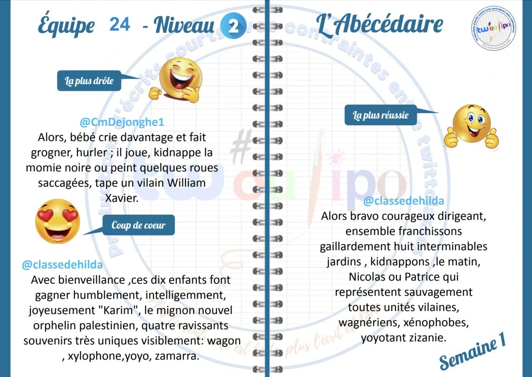 #Twoulipo #EQ24
Voilà les résultats de la contrainte 1 de l'équipe 24. Bravo à tous! Félicitations aux élèves de <a href="/classedehilda/">@ClassedeHilda</a>, qui remportent les choix deux catégories.