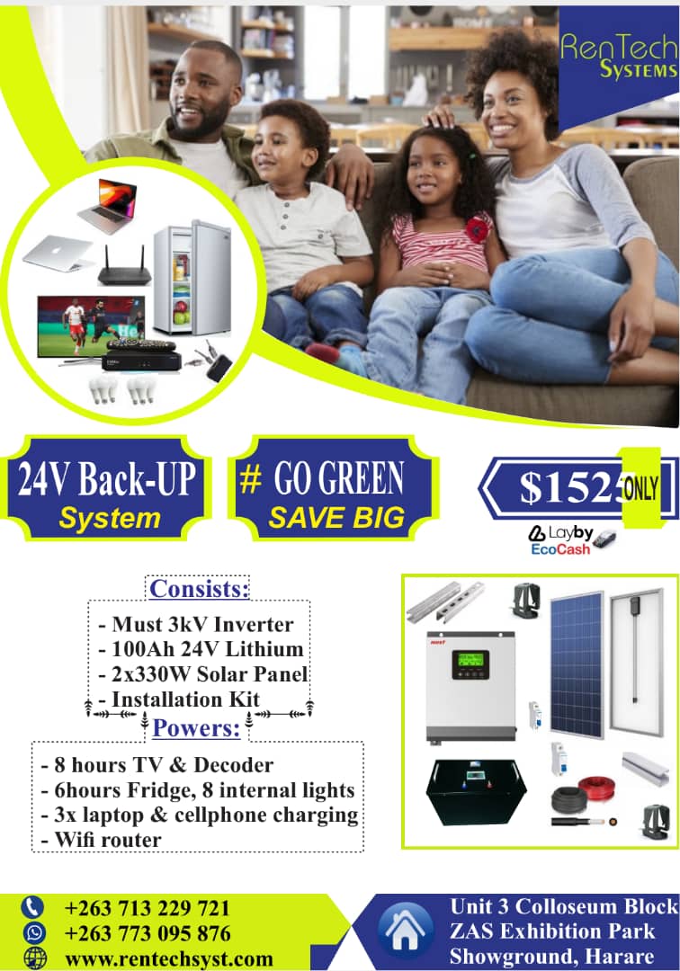 RentechSystems's tweet photo. 24V ZESA BACKUP SYSTEM at the Amazing Price of $1 525 The System consist of a 100Ah24v Lithium Battery,3kva Inverter,2x 330w Solar Panels and Installation Materials. Unit 3 Colloseum Block Harare Agriculture Showground or Call/Whatsapp us on +263773095876/+263713229721.
#TEAMSOLA https://t.co/0lXD0XFaDA