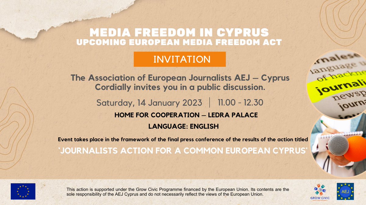 opinionact's tweet photo. “Media Freedom” in Cyprus 
👉👍Upcoming “European Media Freedom Act” 
📌INVITATION
The AEJ - Association of European Journalists Cyprus Section 
Cordially invites you in a 📌public discussion 
📅SATURDAY, 14 January 2023
⏲TIME: 11.00 – 12.30
📍HOME FOR COOPERATION – LEDRA PALACE https://t.co/uqtrUWglEW