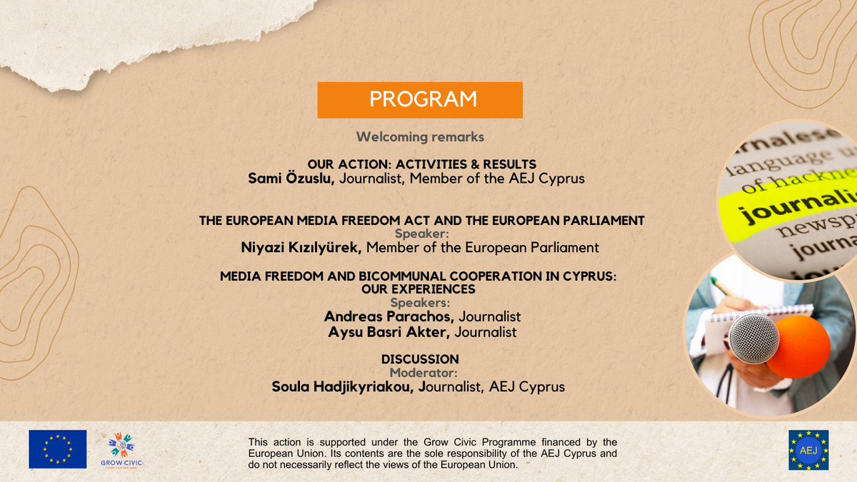 opinionact's tweet photo. “Media Freedom” in Cyprus 
👉👍Upcoming “European Media Freedom Act” 
📌INVITATION
The AEJ - Association of European Journalists Cyprus Section 
Cordially invites you in a 📌public discussion 
📅SATURDAY, 14 January 2023
⏲TIME: 11.00 – 12.30
📍HOME FOR COOPERATION – LEDRA PALACE https://t.co/uqtrUWglEW