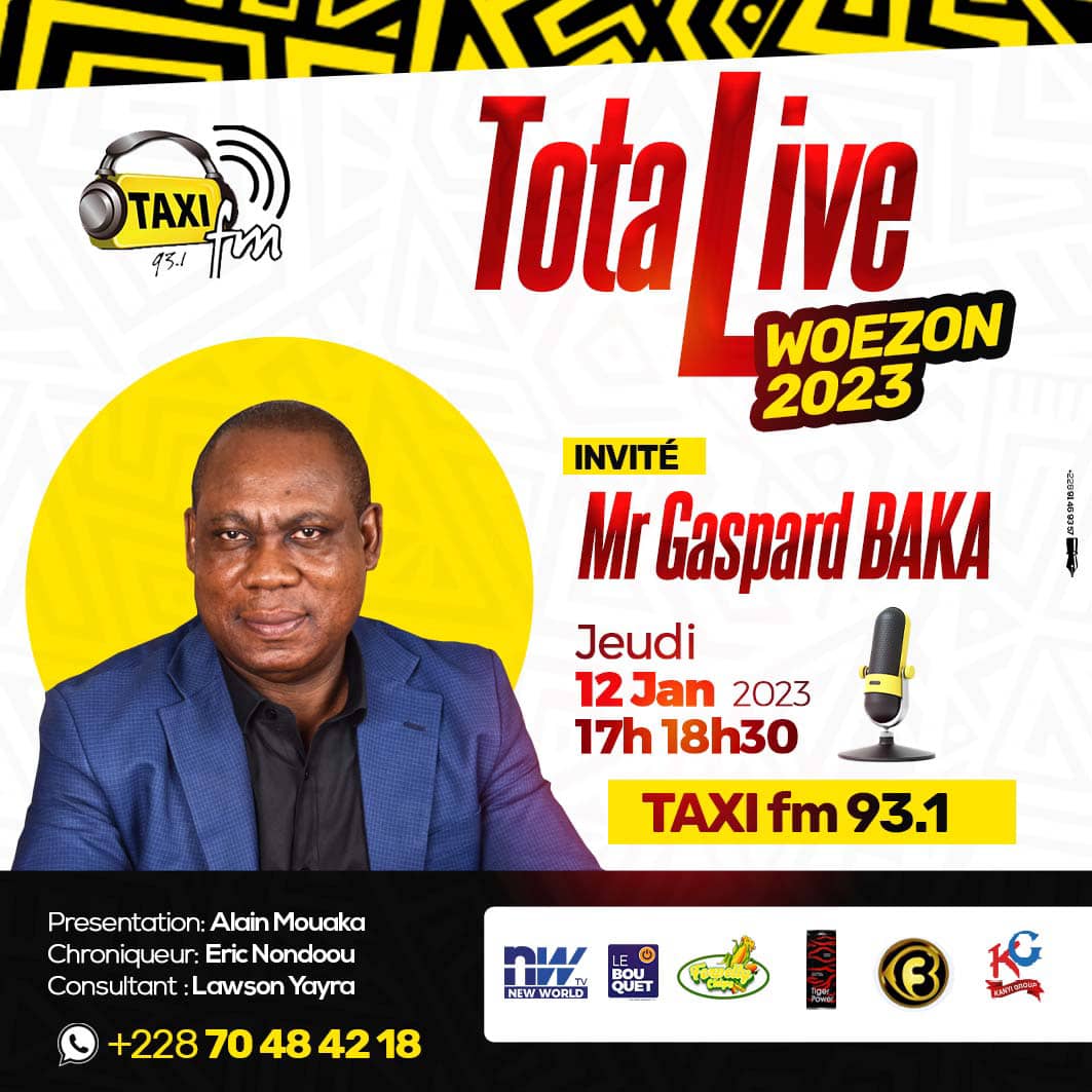 live_total's tweet photo. ⭕
Il est l'un des personnages  de poids du monde culturel Togolais.
Mr Baka Gaspard, promoteur de l'illustre  concours de beauté Miss Togo , est l'invité  du  #totallivewoezon2023  sur @radiotaxifmtogo  ce jeudi 12 Janvier 2023 17H GMT 
Merci la famille 🌟😎🇹🇬
#TotalLive https://t.co/SuwaEdk7aR