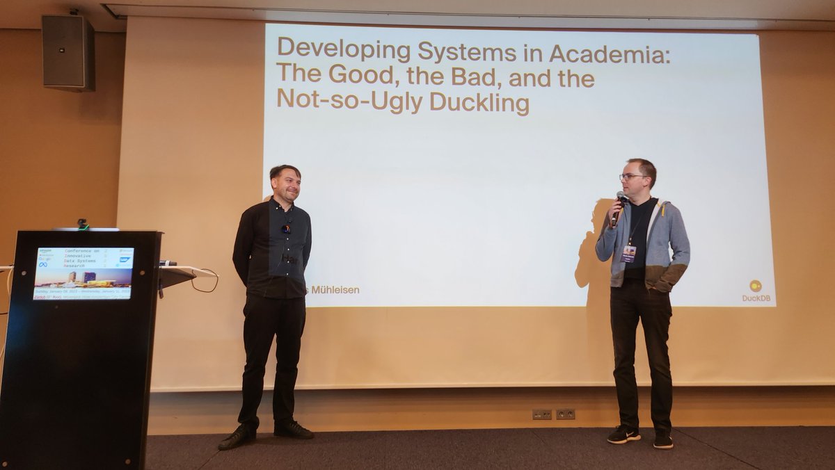 peterabcz's tweet photo. @cidrdb is a wrap! Keynotes by Gustavo Alonso on DB research in the hardware age and @hfmuehleisen on creating DB systems from academia; that were thought provoking. Great in-person presentations of 32 papers and 6 sponsor talks, a gong show+quiz by @andy_pavlo &amp; a startup panel. https://t.co/KD0wwK4pbI