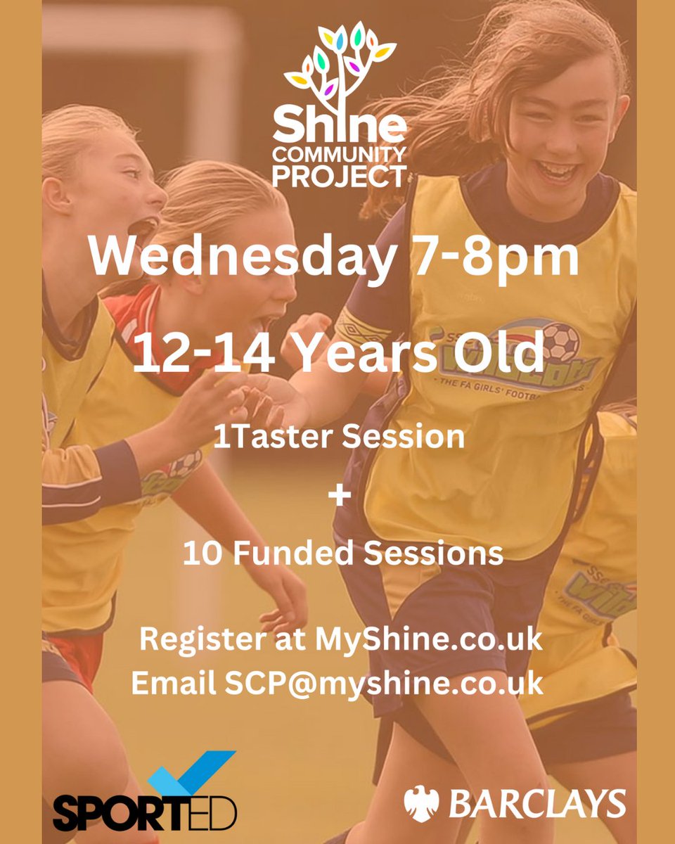 Shine4Community's tweet photo. Thanks to @sporteduk and @barclaysfootball we have a great opportunity for girls aged 12-14 who receive free school meals.

SCP C.I.C would like to offer 1 taster + 10 free sessions to our Girls-only Football Club run by Shine staff and supported by the FA’s Wildcats programme. https://t.co/i9O4TbN3O0