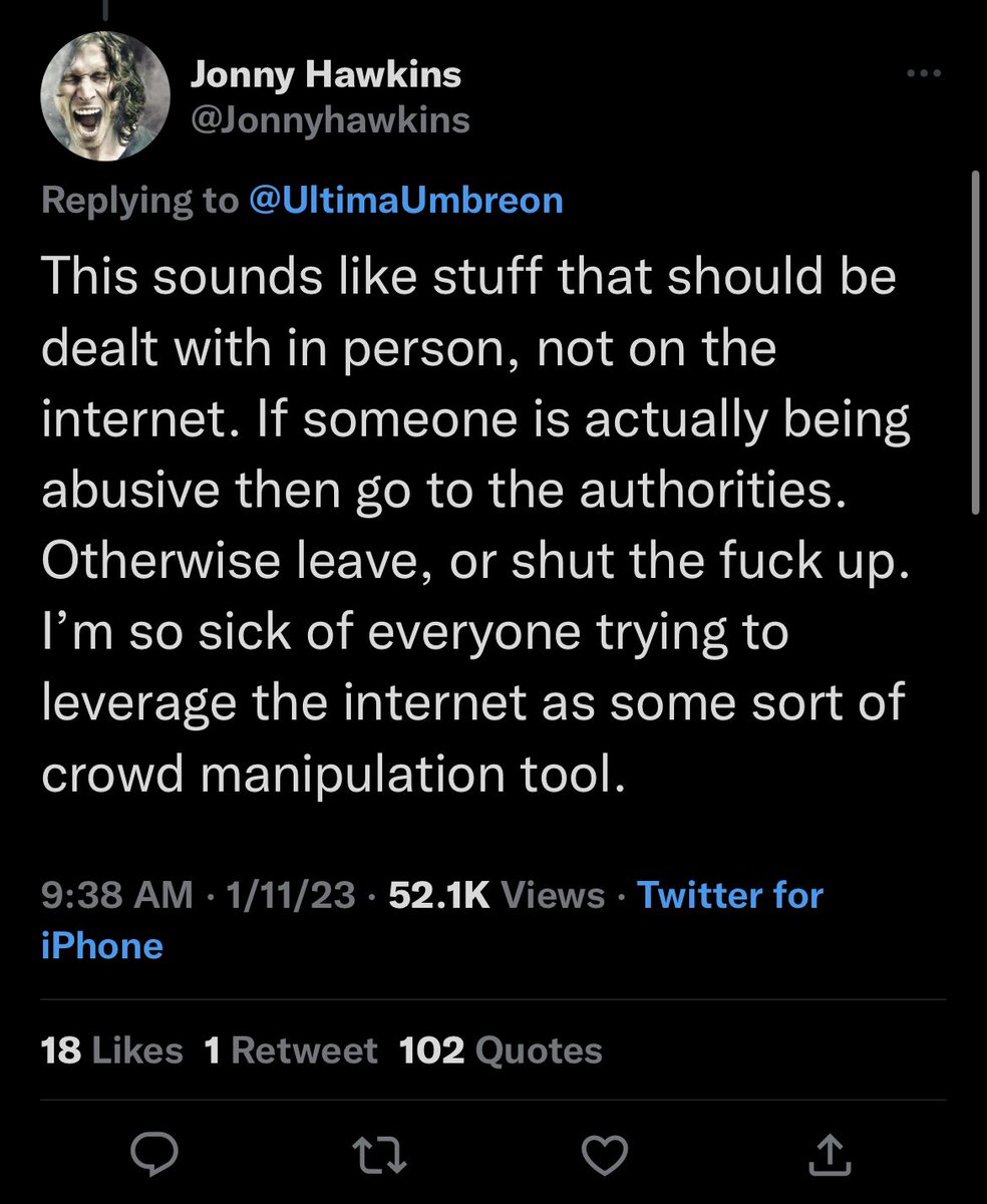 cancel_crown's tweet photo. Please don’t support Jonny Hawkins and his band nothing more he’s just another piece of crap human being slandering survivors of abuse and Not to mention he’s a trump cult moron. 

Screen recording belongs to @downlowbambi https://t.co/Qxy0sLOJDm