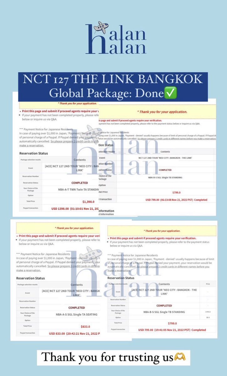 halanhalantour's tweet photo. #halanhalanproof 

✨Jastip Tiket✨
- NCT 127 The Link Jakarta
- NCT 127 The Link Bangkok
- NCT 127 The Link Bangkok Global Package

Thank you for trusting us 🫶 https://t.co/NqaSwRN2Jg