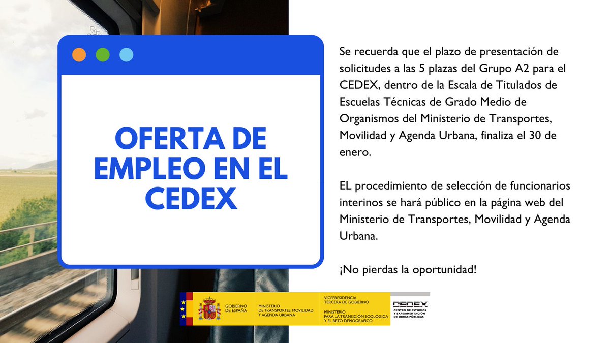 ¡Pasa a formar parte del CEDEX! 🤩

El 30/01 acaba el plazo para presentar tu solicitud a alguna de las 5 plazas del Grupo A2 para el CEDEX, dentro de la Escala de Titulados de Escuelas Técnicas de Grado Medio de Organismos del <a href="/Mitmagob/">Pol</a>

Más en ➡️ mitma.gob.es/informacion-pa…