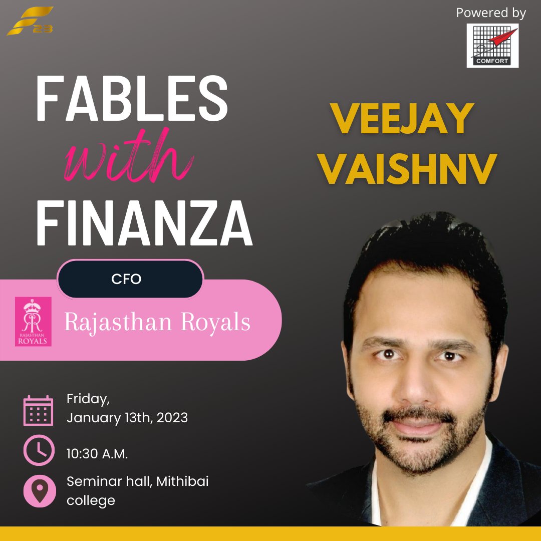 MithibaiFinanza's tweet photo. Ever wondered what all goes behind those IPL auctions on TV? Team Finanza, in its fourth session of Fables with Finanza hosts Mr. Veejay Vaishnv, the CFO of Rajasthan Royals,so come, join us at this informative and insightful session at the Seminar hall at 11 am✨#mithibaifinanza https://t.co/SK7d1dkCpr