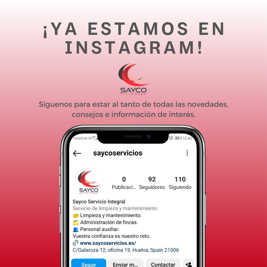 ¡Ya estamos en Instagram! 📣

Os invitamos a seguirnos para que estéis al día de todas las novedades y consejos que vayamos subiendo, ¡nos vemos en Instagram! 😄

📲 instagram.com/saycoservicios/

📌 Av Galaroza 12, Oficina 19, #Huelva.
📞 959 04 86 21 / 695 10 39 31