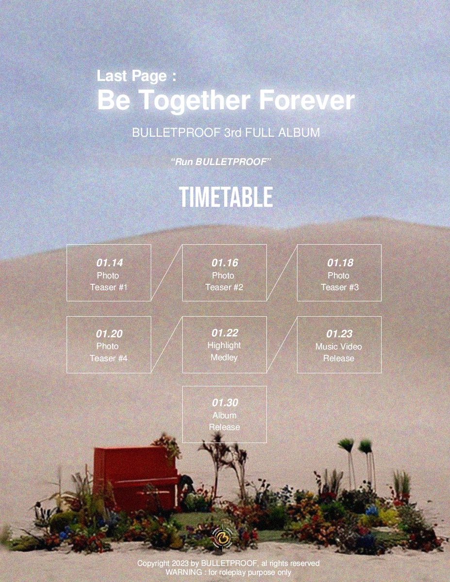 ㅤ

ㅤ       Every second is precious to 
ㅤ       make 𝐦𝐞𝐥𝐨𝐝𝐢𝐜 𝐫𝐡𝐲𝐭𝐡𝐦.
ㅤ       
ㅤ   And we were born to make 
ㅤ   𝐭𝐡𝐞 𝐛𝐞𝐬𝐭 𝐦𝐮𝐬𝐢𝐜 for you.

ㅤ   ㅤ   ㅤ   TIMETABLE 
ㅤㅤㅤㅤㅤ─────── 

#BULLETPROOF #BeTogetherForever #RUNBULLETPROOF 

ㅤㅤ