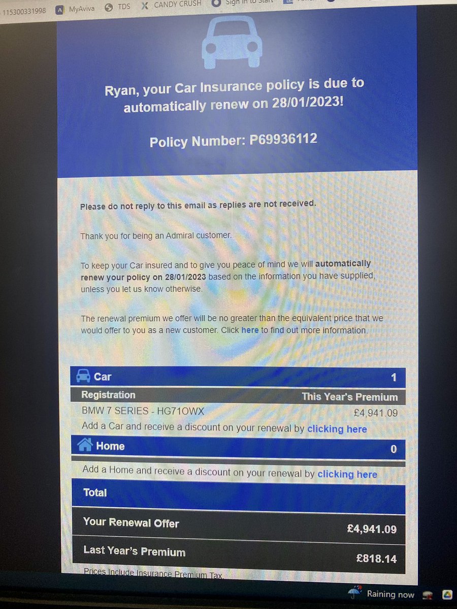 ryanwoor's tweet image. @useadmiral thank you for the kind offer of renewal but given the increase from £818 to £4941 with no claims / accidents etc I think I lift just not renew and provide payment method as requested! #CarInsurance #insuranceripoff #admiralinsurance