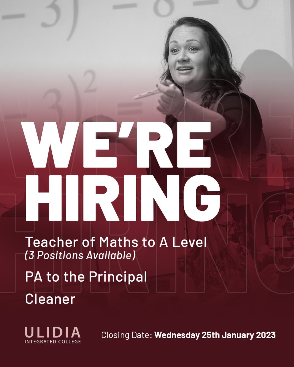 ulidiacollege's tweet photo. 👥𝗪𝗲'𝗿𝗲 𝗛𝗶𝗿𝗶𝗻𝗴👥
Ulidia Integrated College are currently recruiting for the following positions:

🟢Teacher of Maths to A Level
 (3 Positions Available)
🟢PA to the Principal 
🟢Cleaner

---
For more information and to apply: https://t.co/asynHXvFSg https://t.co/ZYXXM2KXBr