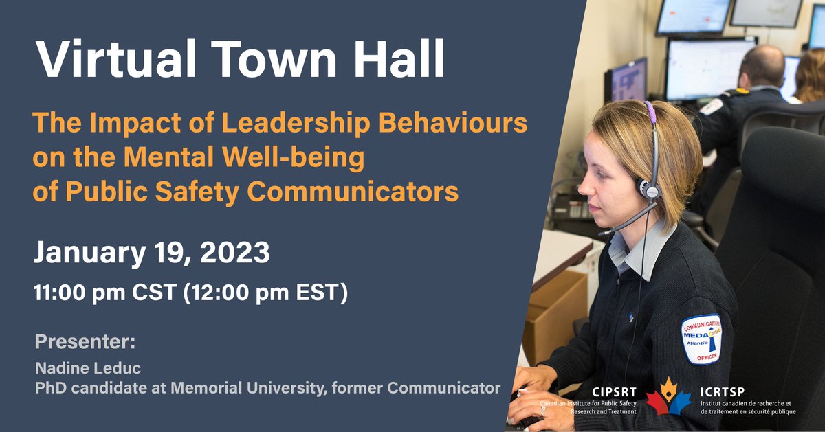 CIPSRT_ICRTSP's tweet photo. On Jan. 19, learn The Impact of Leadership Behaviours on the Mental Well-being of Public Safety Communicators.
RSVP: https://t.co/97gHFCno9v
#PublicSafetyCommunicators #911Operators #MentalHealthMatters https://t.co/Z7odNViYO4