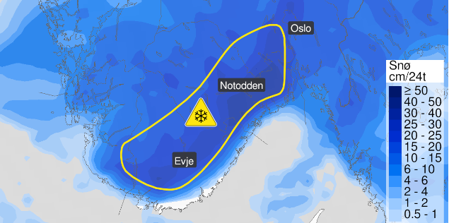 Meteorologene's tweet photo. Nytt snøfall på vei til Sør-Norge søndag⚠️ Farevarselet gjelder for deler av Sørlandet og Østlandet vest for Oslofjorden. Det er fremdeles litt usikkert hvor grensen mellom regn, sludd og snø vil gå, men indre områder ventes å få 10-20 cm, enkelte steder opp mot 30 cm ❄️ https://t.co/uKeLB2qf2C