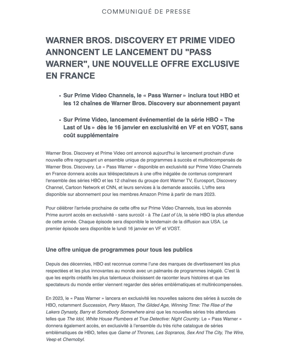 Leblogtvnews's tweet photo. Le communiqué de presse de Warner Bros. Discovery et Prime Video  : https://t.co/eEyKxnxqkH