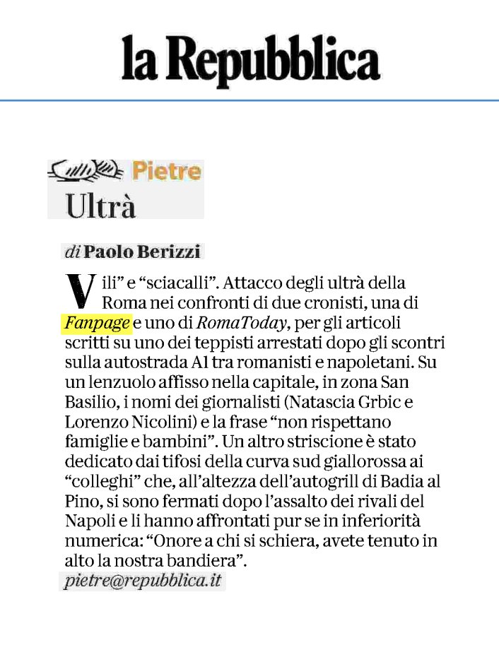 Grazie <a href="/PBerizzi/">Paolo Berizzi</a> per la solidarietà a <a href="/GrbicNatascia/">Natascia Grbic</a> e a <a href="/lollo_nico/">Lorenzo Nicolini</a> . 

E per essere una faro sempre puntato su chi tiene alta quella bandiera là.