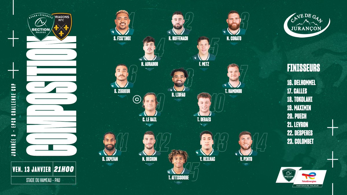 📋 𝑳𝒂 𝒄𝒐𝒎𝒑𝒐

🏉 Voici nos 2️⃣3️⃣ Béarnais qui affronteront les @dragonsrugby vendredi à 21h00 au Hameau !

🎟️ Billetterie 👉 bit.ly/3vpskRs

#PAUDRA #ChallengeCupRugby #HonhaSection