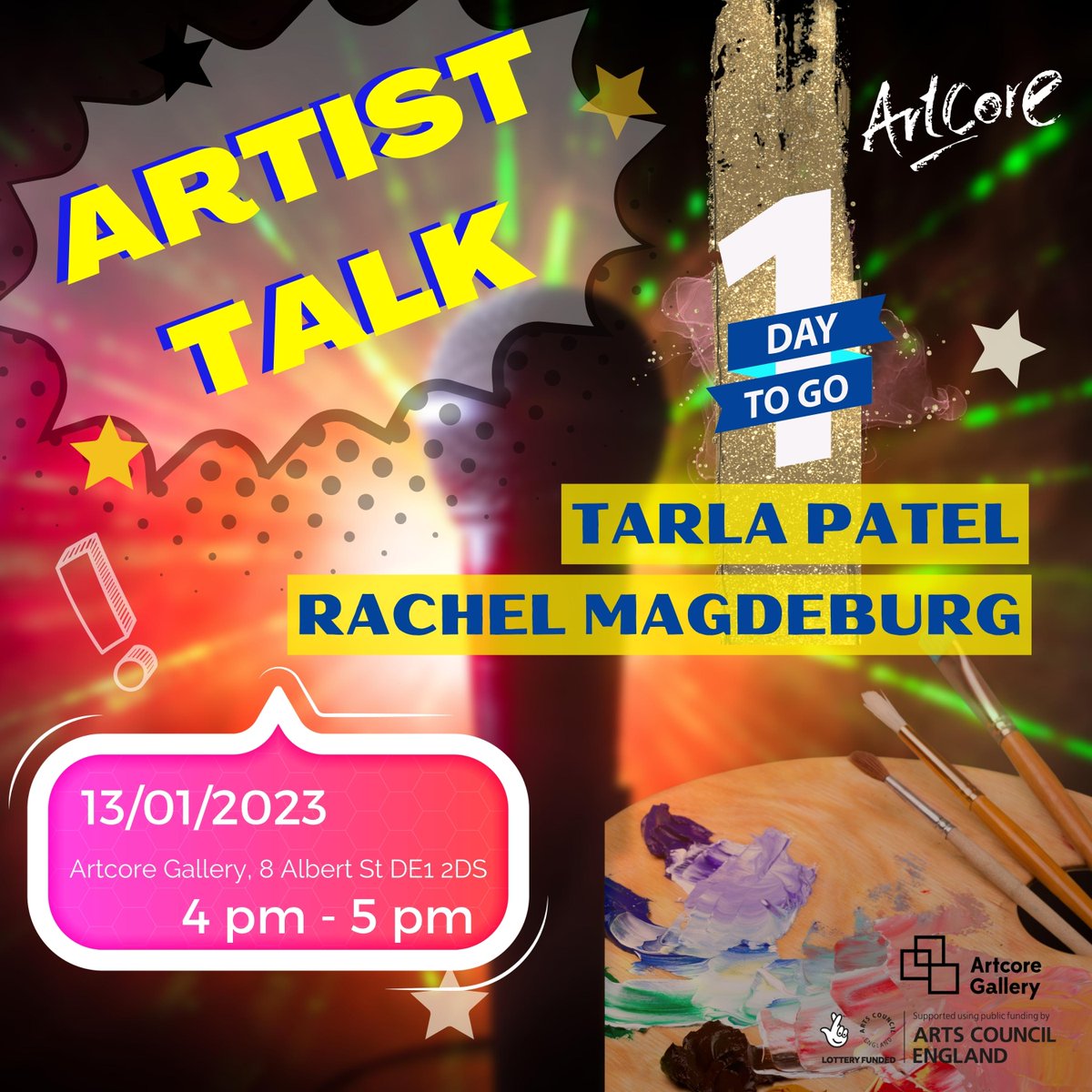 ArtcoreGallery7's tweet image. 1 Day to go
Join us for an Artist Talk from our current Artists in Residence on their ongoing exhibition at the Artcore Gallery, Partition Parables.

The Talk will take place on 13th January 2023, 4pm - 5pm. 

#arts #artsinderby #derbyartist #artgallery #exhibition #artisttalk