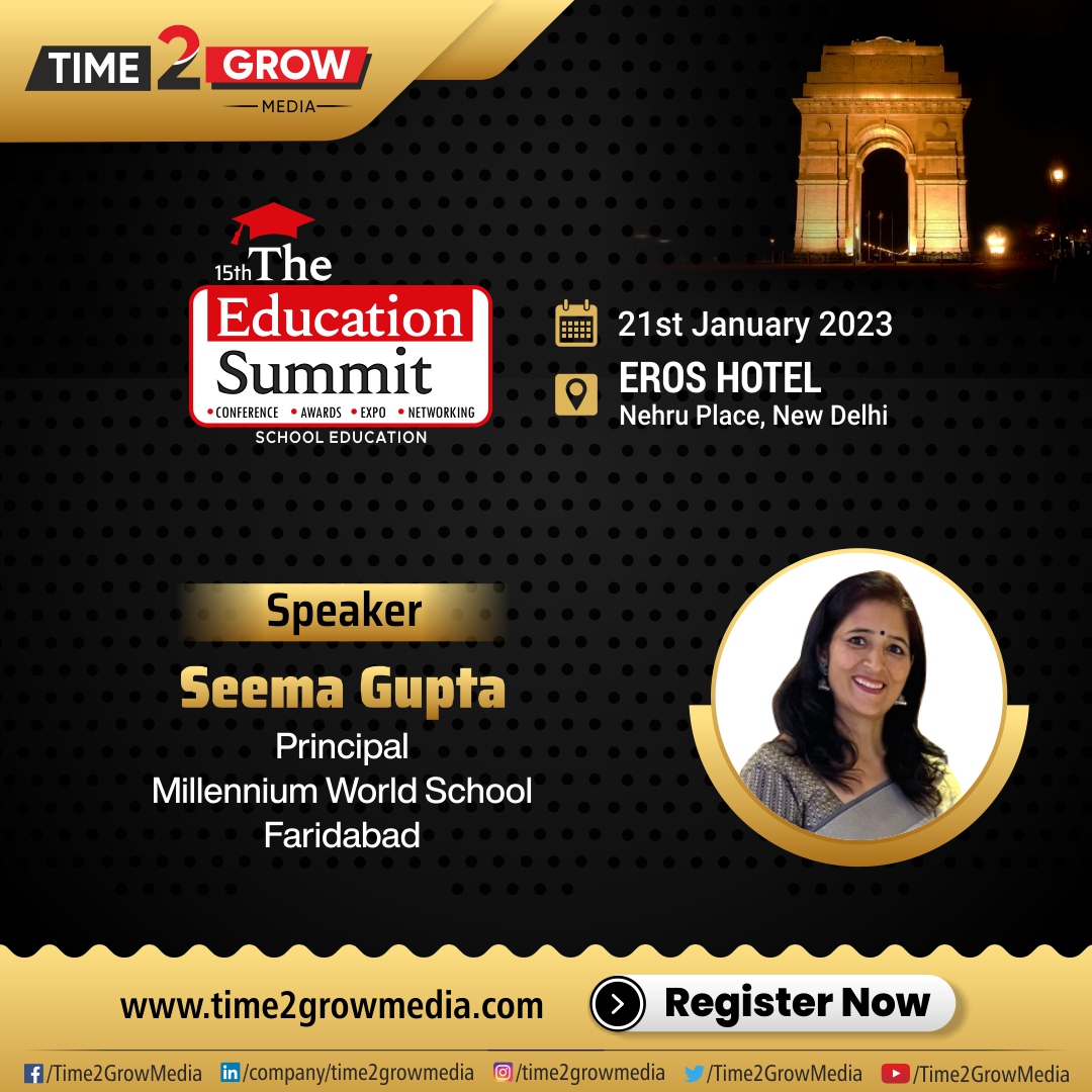 Time2GrowMedia's tweet photo. We are elated to welcome 𝗦𝗲𝗲𝗺𝗮 𝗚𝘂𝗽𝘁𝗮, Principal, Millennium World School, Faridabad as a 𝗦𝗽𝗲𝗮𝗸𝗲𝗿 at the 15th Edition of #TheEducationSummit, Delhi.

#Time2GrowMedia #Time2Grow #TESDelhi #TES #Delhi #15thTES #Time2GrowTES #TES2023 #TheEducationSummit2023 https://t.co/E7EtVt9EXi