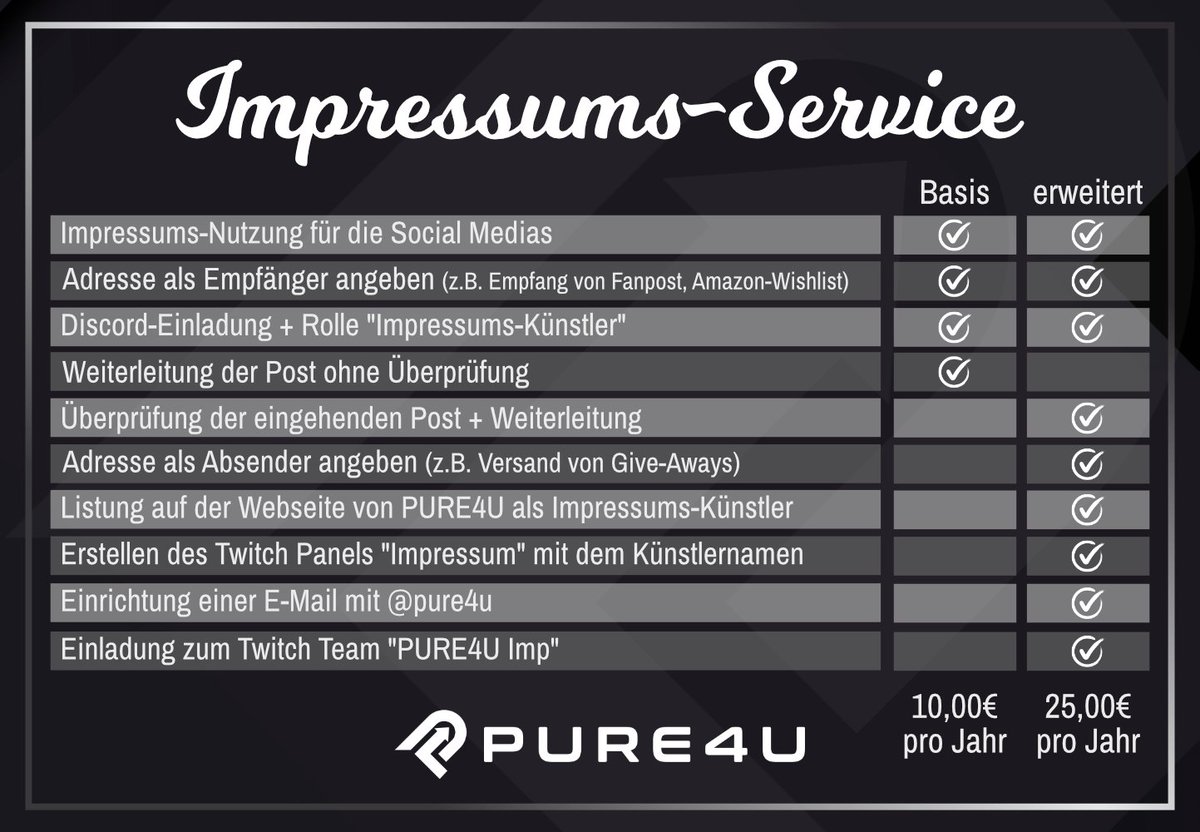 Pure_4u's tweet photo. Aufgrund der erhöhten Anfrage nach einem "kleinen" Impressum, hier nun 2 verschiedene Pakete für euch 

https://t.co/XEctu2TzXv

#pure4u https://t.co/0jw02NSTQm