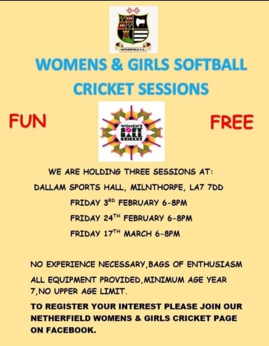 Our friends at <a href="/NetherfieldCC/">Netherfield Cricket Club</a>  are offering free sotfball cricket sessions . See below for details and please get in touch with them if you're interested..👇🏻🏏 #Cricket