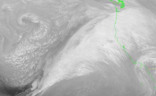 GOES-West 6.2 µm “Upper-level water vapor” band – 12 January 2023, 00:00 UTC – Yet another #atmosphericriver slamming the west coast of the US is seen here. A plume of moisture extending from the east of Hawaii all the way to the Rocky Mountains can be observed in hues of white.