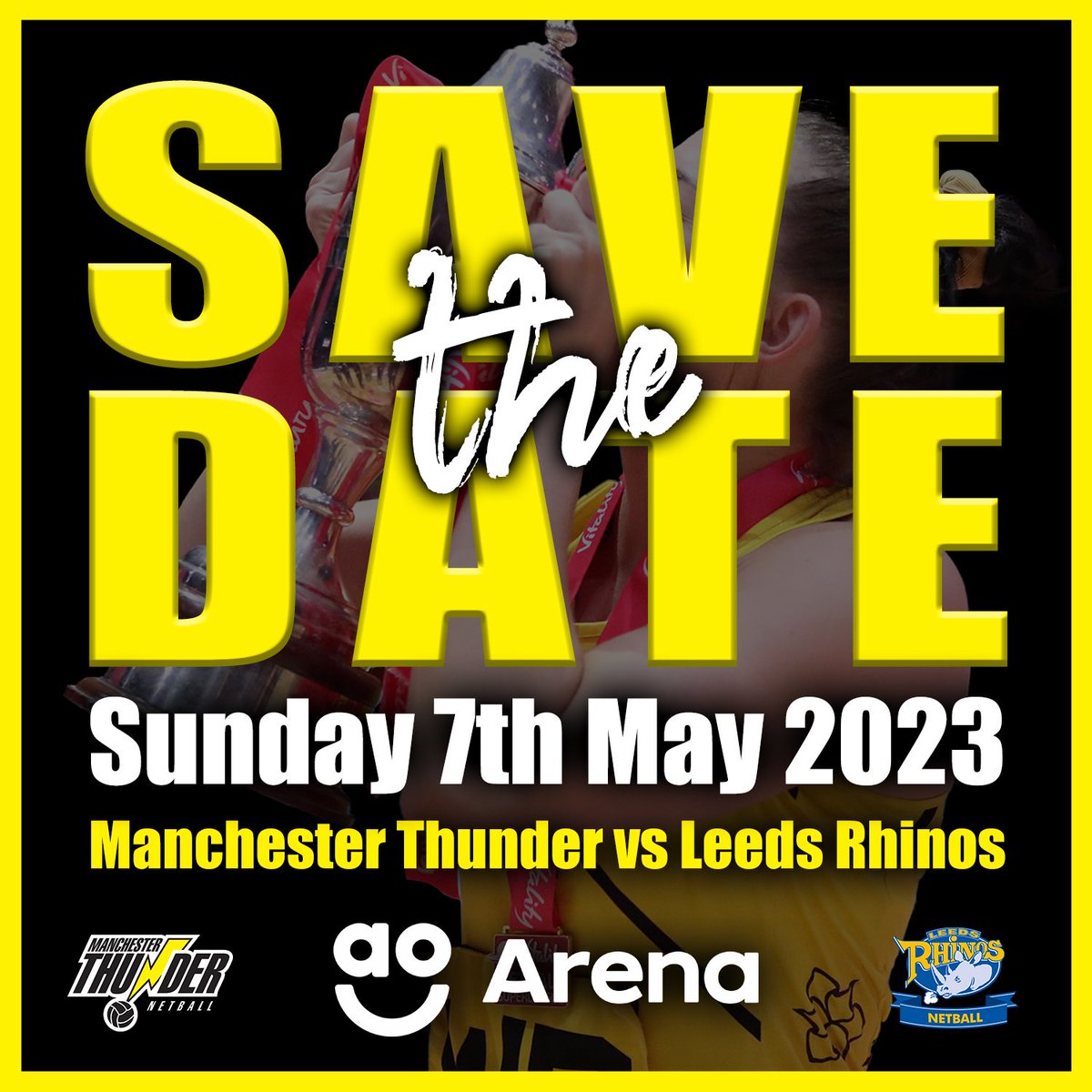 thundernetball's tweet photo. 📢 Important date for your diaries - Sunday 7th May 2023 🗓

Watch us return to the @AOArena to take on @RhinosNetballSL 🦏

Pre-sale ticket information to be released later today 🎟 

Who's excited? 🙋‍♀️✋️🥳

#thunderfamily #netball #netballmanchesterlive #manchester #NML2023 https://t.co/7gAaZMbBBT