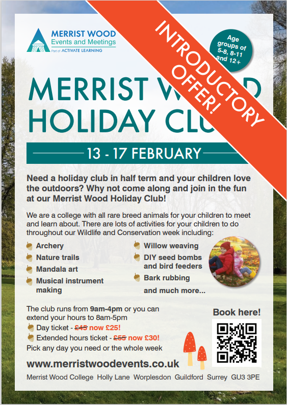 Merrist Wood Holiday Club - SOLD OUT!! Thank you to everyone that has booked and we will see you in February 😀 If you missed out please look at our website for other animal activities we do! merristwoodevents.co.uk