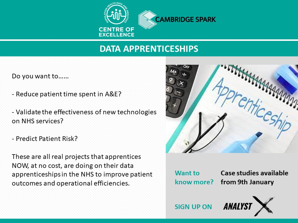 AnalystX (@analystx_) on Twitter photo Data Apprenticeships available with <a href="/CambridgeSpark/">Cambridge Spark</a>! What better way to start the new year? Check it out: future.nhs.uk/DataAnalytics/… Data Apprenticeships available with <a href="/CambridgeSpark/">Cambridge Spark</a>! What better way to start the new year? Check it out: future.nhs.uk/DataAnalytics/…